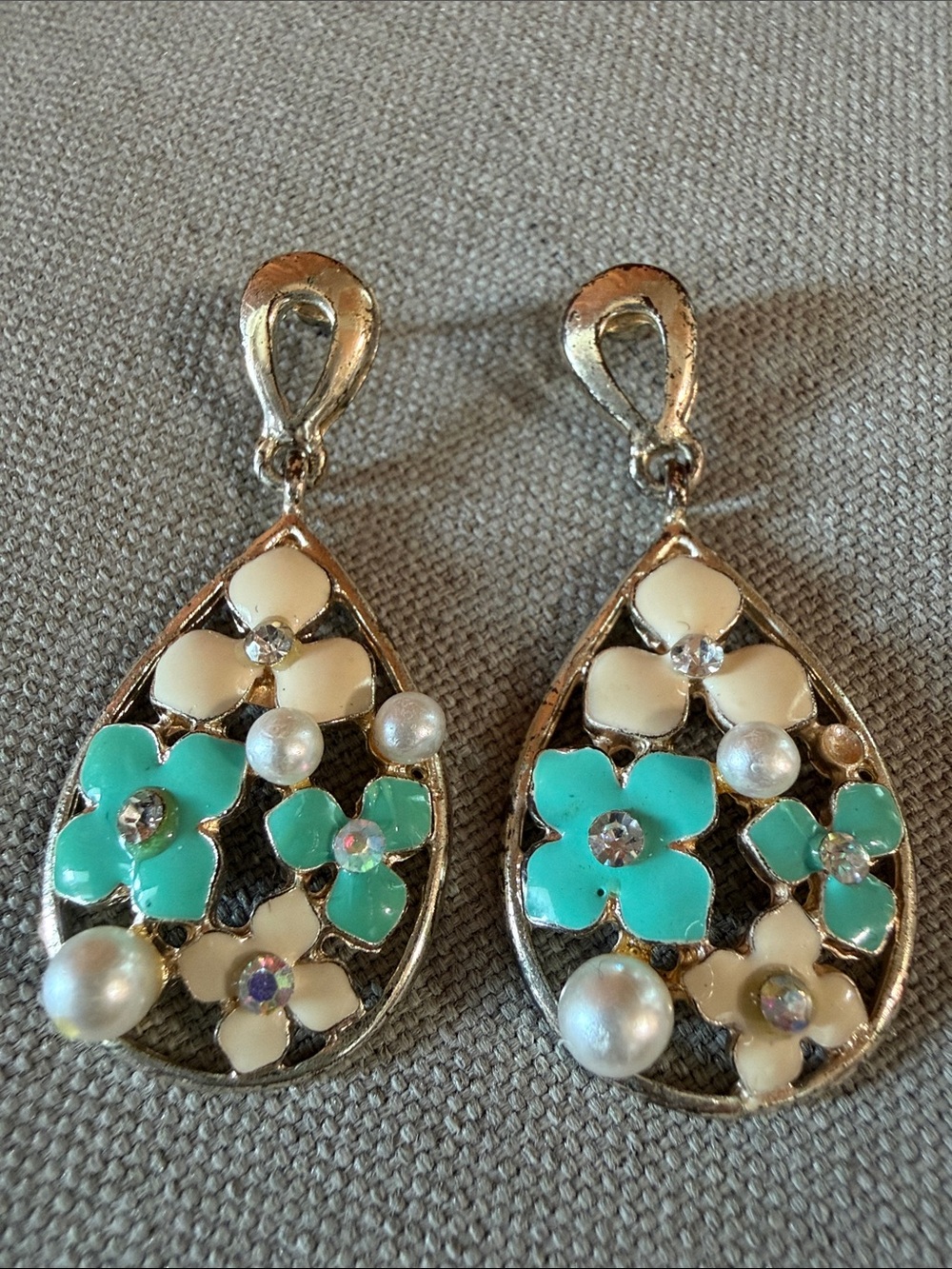 Silver Teardrop Earrings with Turquoise and Cream Flower Accents